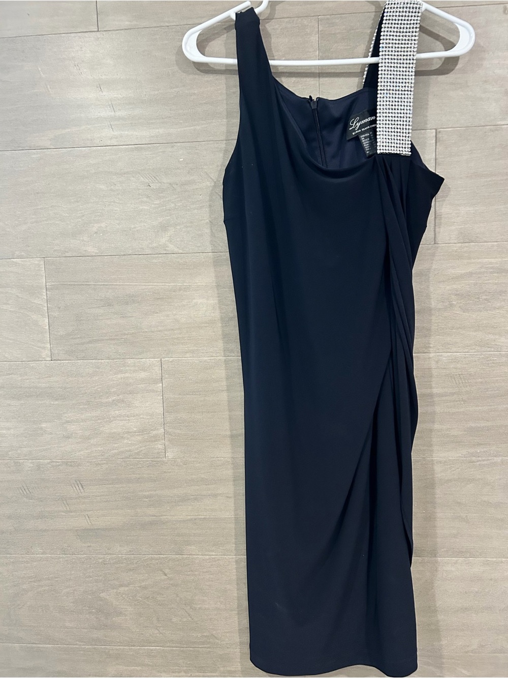 One-Shoulder Navy Dress with Crystal Embellished Strap